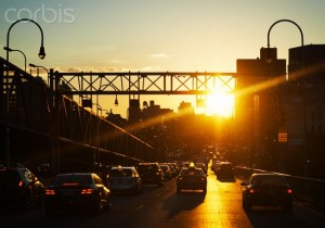 Car traffic at sunset, New York City, USA